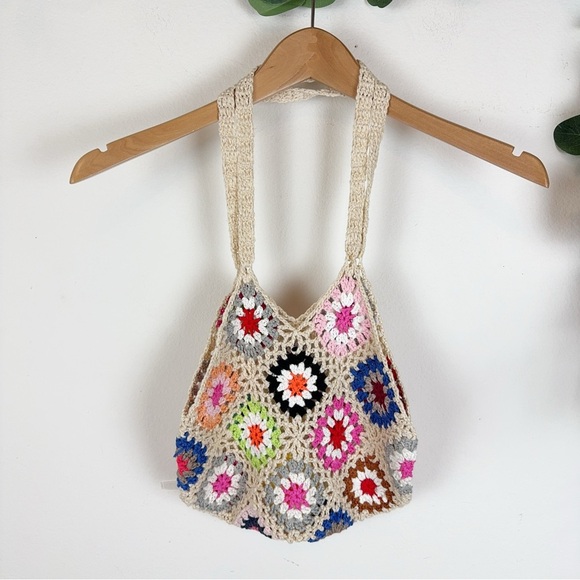 Chic Handwoven Crochet Boho Retro Tote Shoulder Bag Multicolor Y2K - Picture 1 of 5